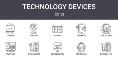 Teknoloji cihazları konsept çizgi simgeleri ayarlandı. Web, logo, ui / ux, table fan, mobil chat, telefon, uzaktan kumanda, pos terminal, uzatma kablosu, kablosuz telefon, pil gibi simgeler içerir