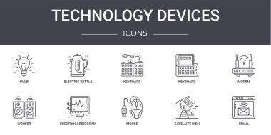 Teknoloji cihazları konsept çizgi simgeleri ayarlandı. Web, logo, ui / ux, elektrikli su ısıtıcısı, klavye, woofer, fare, uydu anten, e-posta, modem, klavye gibi simgeler içerir