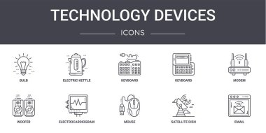 technology devices concept line icons set. contains icons usable for web, logo, ui/ux such as electric kettle, keyboard, woofer, mouse, satellite dish, email, modem, keyboard clipart