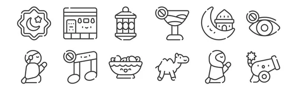 Набір Лінійних Іконок Рамадана Тонкі Контурні Піктограми Такі Гармата Верблюд — стоковий вектор