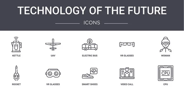 未来概念线图标设置的技术 包含可用于Web Logo 如Uav Vr眼镜 智能鞋 视频通话 Cpu 电动汽车的图标 — 图库矢量图片