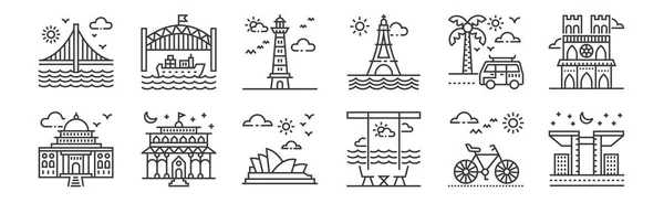 Set Linear Tourism Icons Thin Outline Icons Building Summer Holidays — Stock Vector