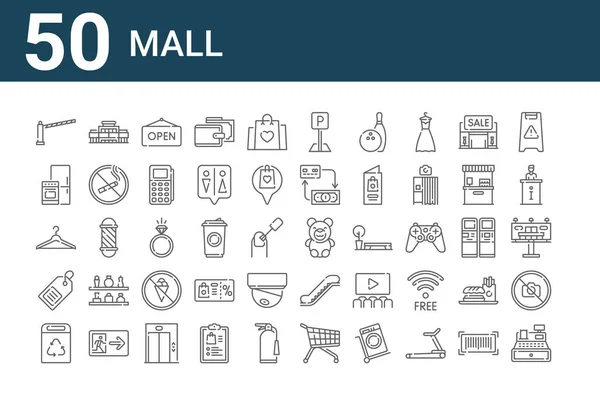 一套50个商场图标 列出细线图标 如出纳员 回收箱 厨房用具 玩具熊 — 图库矢量图片