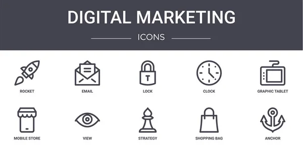 数字营销概念线图标设置 包含可用于Web Logo Ux的图标 如电子邮件 移动存储 购物袋 图形平板电脑 — 图库矢量图片