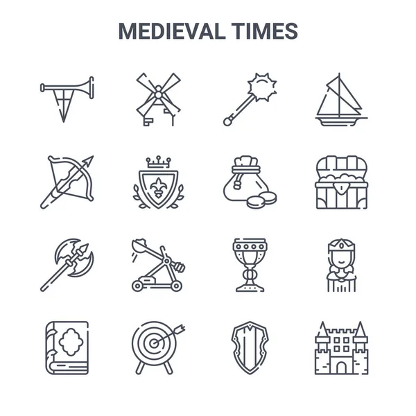 Conjunto Tiempos Medievales Iconos Línea Vectorial Concepto 64X64 Iconos Trazo — Archivo Imágenes Vectoriales