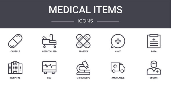 medical items concept line icons set. contains icons usable for web, logo, ui/ux such as hospital bed, chat, hospital, microscope, ambulance, doctor, data, plaster