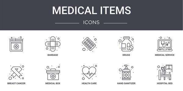 medical items concept line icons set. contains icons usable for web, logo, ui/ux such as bandage, drugs, breast cancer, health care, hand sanitizer, hospital bed, medical service,