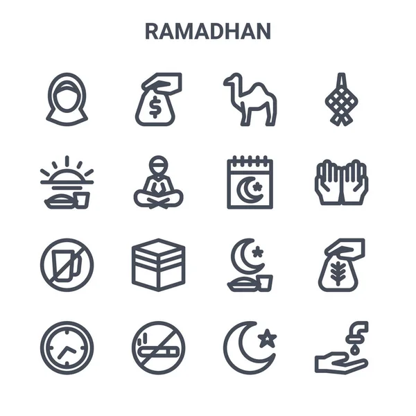 Conjunto Ramadhan Concepto Vector Línea Iconos 64X64 Iconos Trazos Delgados — Archivo Imágenes Vectoriales