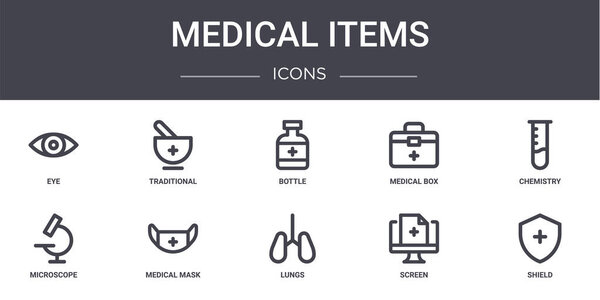 medical items concept line icons set. contains icons usable for web, logo, ui/ux such as traditional, medical box, microscope, lungs, screen, shield, chemistry, bottle