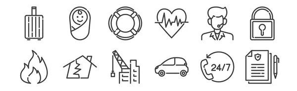Jeux Icônes Assurance Linéaire Icônes Contour Mince Tels Que Police — Image vectorielle