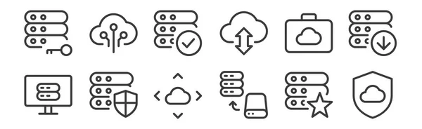 Jeux Icônes Linéaires Serveur Bureau Travail Icônes Contour Mince Tels — Image vectorielle