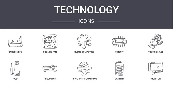 Tecnología Concepto Línea Iconos Conjunto Contiene Iconos Utilizables Para Web — Vector de stock