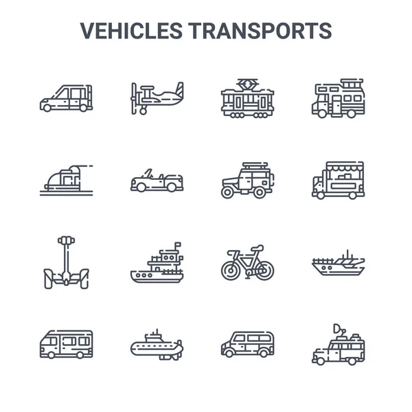 Set Van Voertuigen Vervoert Concept Vector Lijn Pictogrammen 64X64 Dunne — Stockvector