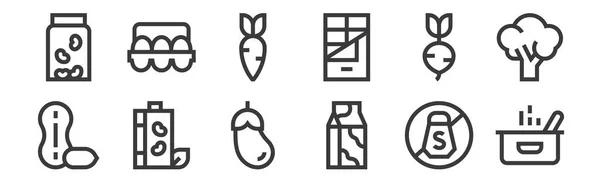 Lineare Ernährungssymbole Dünne Umrisse Symbole Wie Topf Milch Sojamilch Rettich — Stockvektor