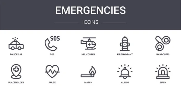Acil durum konsept çizgisi simgeleri ayarlandı. Web, logo, ui / ux, sos, itfaiye musluğu, yer tutucu, kibrit, alarm, siren, kelepçe, helikopter gibi simgeler içerir
