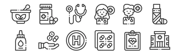 Наборів Лінійних Іконок Медицини Тонкі Контурні Значки Такі Лікарня Таблетки — стоковий вектор