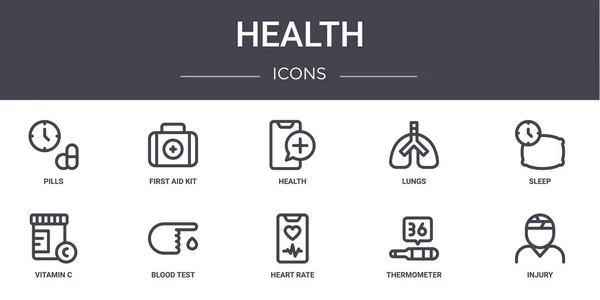 健康概念线图标设置 包含可用于Web Logo Ux的图标 如急救箱 维生素C 温度计 — 图库矢量图片