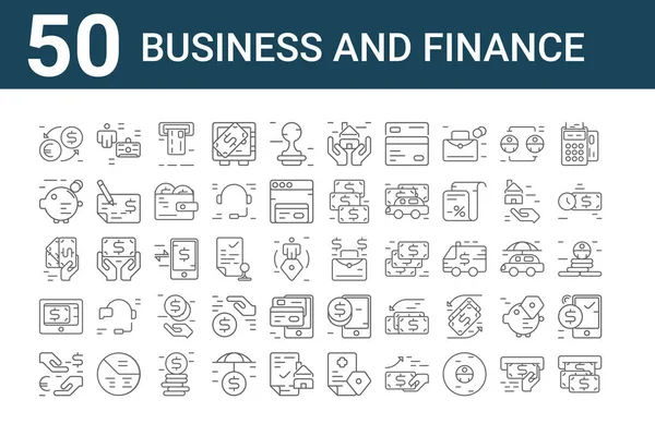 50のビジネスと金融のアイコンのセット アウトライン細い線のアイコンなどのお金 お金の交換 支払いゲートウェイ 支払い 貯金箱 マネージャー お金袋 家庭保険 モバイルバンキング — ストックベクタ