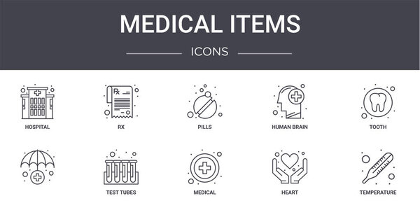 medical items concept line icons set. contains icons usable for web, logo, ui/ux such as rx, human brain, , medical, heart, temperature, tooth, pills