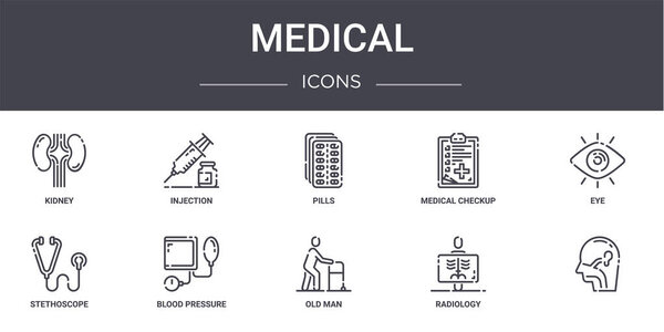 medical concept line icons set. contains icons usable for web, logo, ui/ux such as injection, medical checkup, stethoscope, old man, radiology, , eye, pills