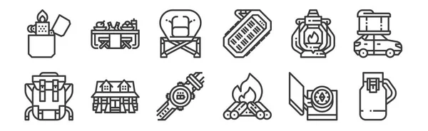 Set Linear Camping Icons Thin Outline Icons Flask Campfire Cabin — Stock Vector