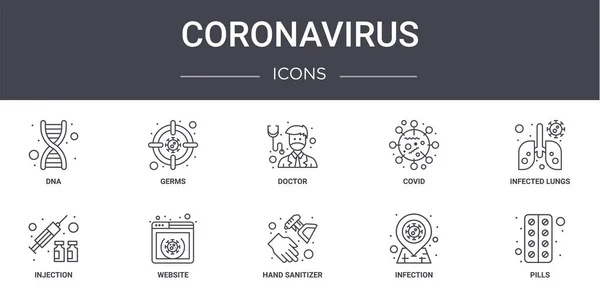 코로나 바이러스의 콘셉트 아이콘 고집쟁이 소독제 의사등에 수있는 아이콘 포함되어 — 스톡 벡터