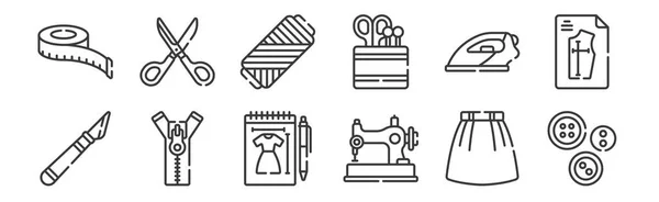 Conjunto Iconos Costura Lineal Iconos Delgados Como Botones Máquina Coser — Vector de stock