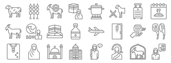 eid al adha line icons. linear set. quality vector line set such as arab man, man, hotel, clothes, almsgiving, kaaba, calendar, cooking, barbecue