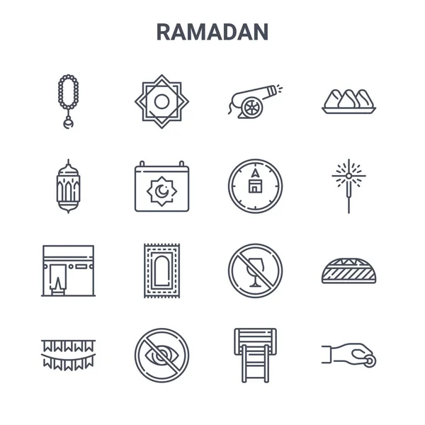 Conjunto Ramadán Concepto Vector Línea Iconos 64X64 Iconos Trazo Delgado — Archivo Imágenes Vectoriales