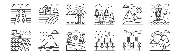 Set Linear Nature Landscape Icons Thin Outline Icons Rainbow Trees — Stock Vector