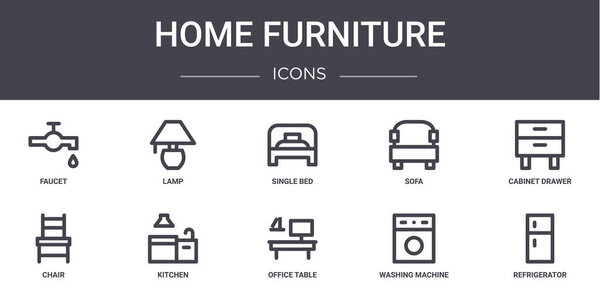 набор иконок для линии домашней мебели. содержит значки, используемые для веб, логотип, ui / ux, такие как лампа, диван, стул, офисный стол, стиральная машина, холодильник, ящик шкафа, односпальная кровать
