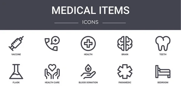 医疗物品概念线图标设置 包含可用于Web Logo Ux的图标 如Brain Flask Blood Donation Paramedic Bedroom — 图库矢量图片