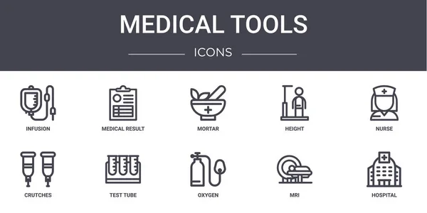 Tıbbi araçlar konsept çizgisi simgeleri ayarlandı. Web, logo, ui / ux gibi tıbbi sonuçlar, yükseklik, koltuk değnekleri, oksijen, MRI, hastane, hemşire, havan gibi simgeler içerir