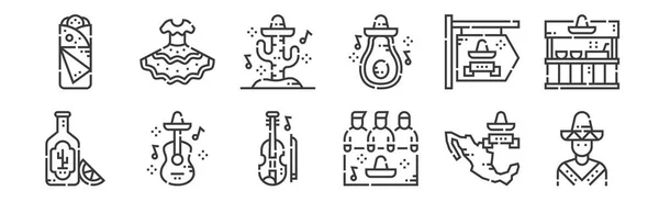 Set Linear Cinco Mayo Icons Thin Outline Icons Mexican Hat — Stock Vector