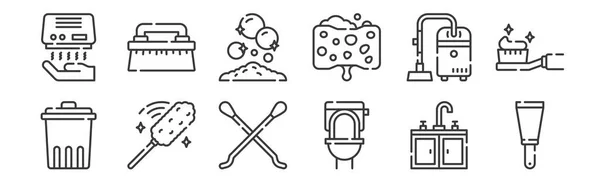 Lineare Reinigungssymbole Dünne Umrisse Symbole Wie Farbschaber Toilette Staubwedel Staubsauger — Stockvektor