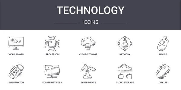 Tecnología Concepto Línea Iconos Conjunto Contiene Iconos Utilizables Para Web — Vector de stock