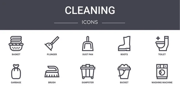 清洁概念行图标设置 包含可用于网络 Ux的图标 如柱塞 垃圾箱 洗衣机 — 图库矢量图片