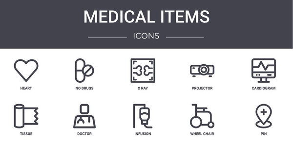 medical items concept line icons set. contains icons usable for web, logo, ui/ux such as no drugs, projector, tissue, infusion, wheel chair, pin, cardiogram, x ray