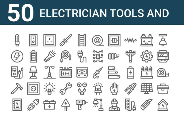 Sada Elektrických Nástrojů Ikon Obrys Tenké Čáry Ikony Jako Elektřina — Stockový vektor