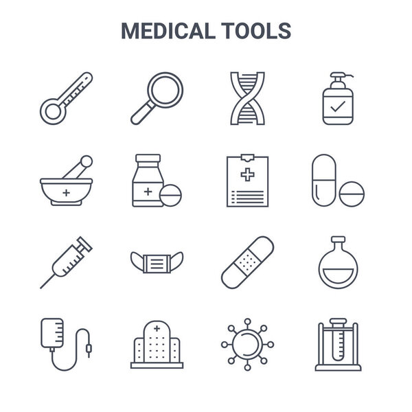 set of 16 medical tools concept vector line icons. 64x64 thin stroke icons such as loupe, mortar, pills, band aid, hospital, test tube, virus, medical report, hand sanitizer