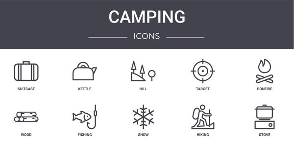 набор иконок для кемпинга. contains icons usable for web, logo, ui / ux such as kettle, target, wood, snow, hiking, stove, bonfire, hill

