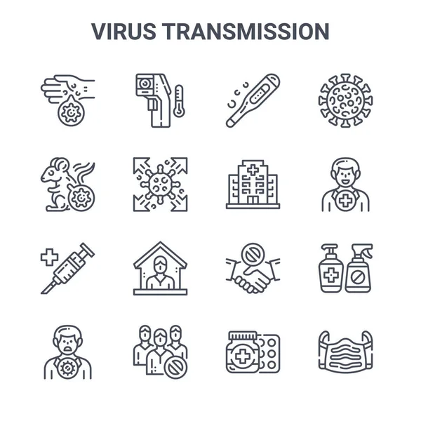 stock vector set of 16 virus transmission concept vector line icons. 64x64 thin stroke icons such as temperature sensor, mouse, recove, no touch, avoid crowds, medical mask, medicine, hospital, virus