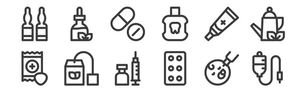 Наборів Лінійних Іконок Медицини Тонкі Контурні Значки Такі Мішок Таблетки — стоковий вектор
