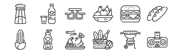 Set Von Dünnen Umrissen Symbole Wie Tragbare Lautsprecher Picknick Seifenbehälter — Stockvektor