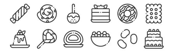Jeu Icônes Contour Minces Telles Que Gâteau Anniversaire Bonbons Sucette — Image vectorielle