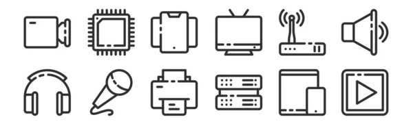 Σύνολο Από Λεπτά Εικονίδια Περίγραμμα Όπως Βίντεο Server Μικρόφωνο Modem — Διανυσματικό Αρχείο
