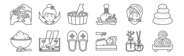 Ensemble Icônes Contour Fin Telles Que Serviette Acupuncture Pédicure Traitement — Image vectorielle