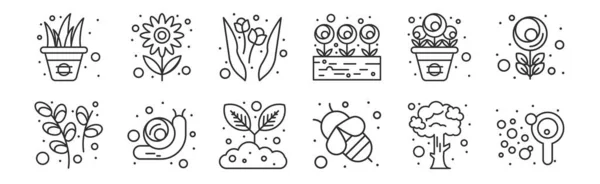 Set Thin Outline Icons Soap Bee Snail Flower Pot Garden — Stock Vector