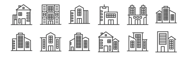 stock vector set of 12 thin outline icons such as building, building, building, for web, mobile