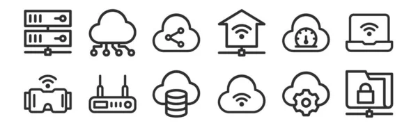 Conjunto Iconos Contorno Delgado Como Carpeta Wifi Router Velocidad Compartir — Vector de stock